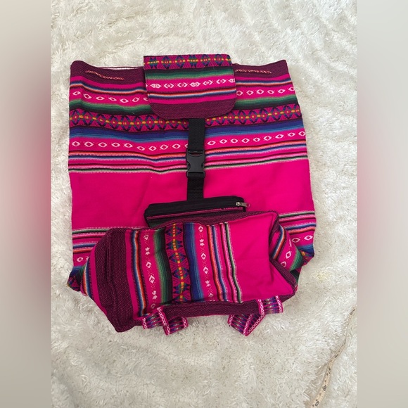 Boho Woven Baja Pink Striped Backpack Tribal Geometric Festival Rucksack - Picture 5 of 9
